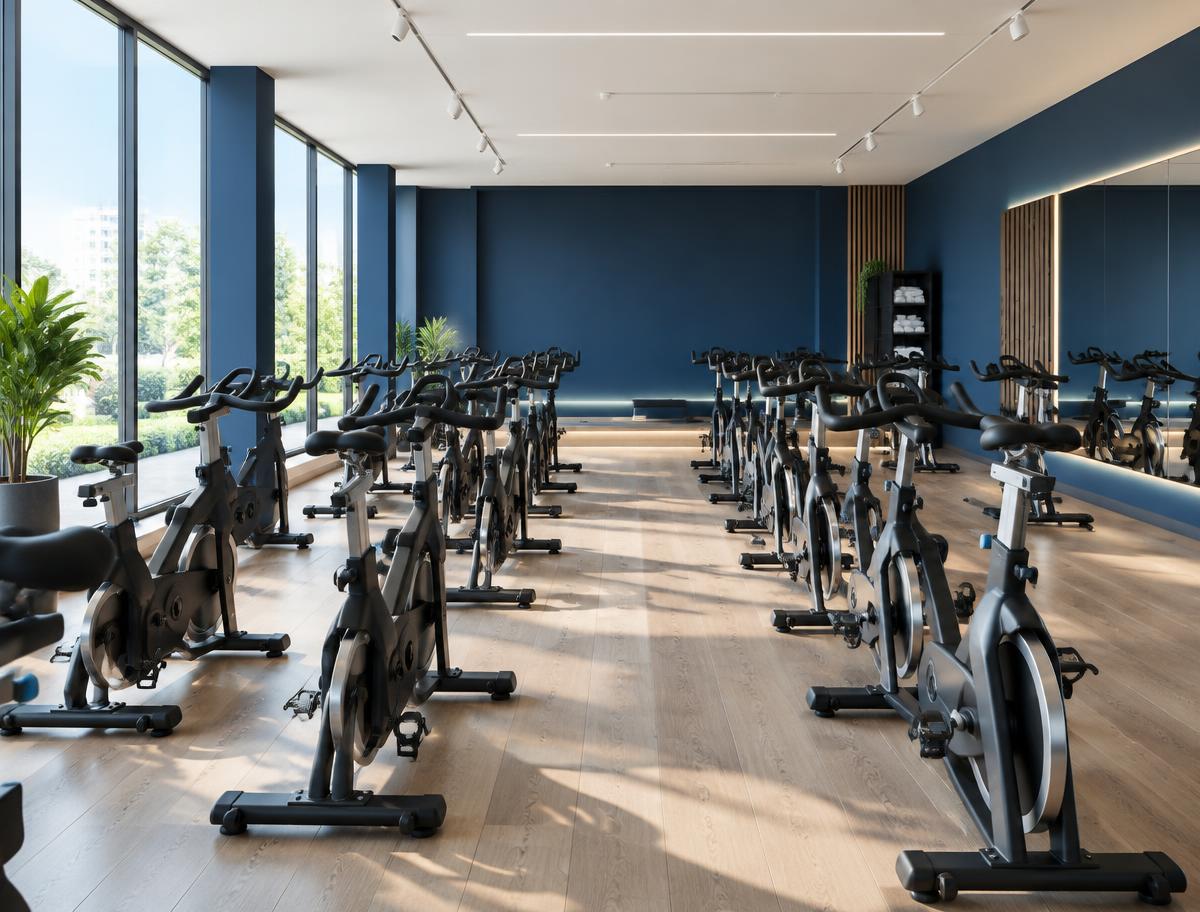 Estúdio de bike indoor preparado para a aula